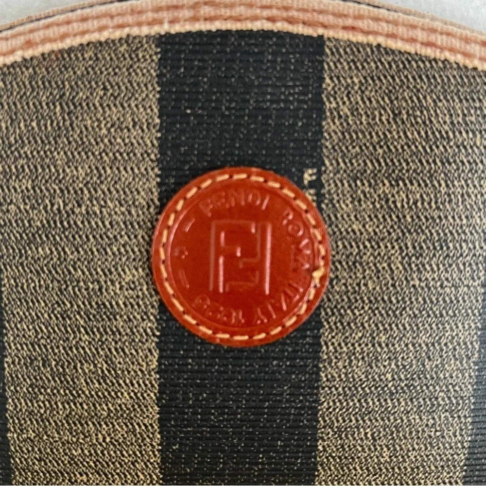 FENDI Pecan Striped Canvas Pouch Black Brown Gold COA 1980s Italy